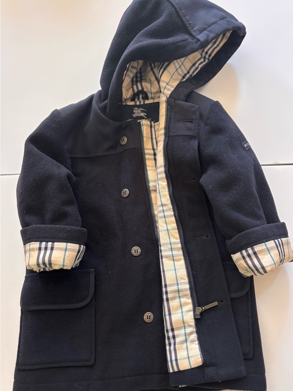 Burberry Navy Hooded Pea Coat with Signature Plaid Trim
